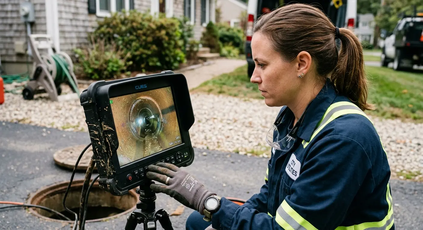 Technician reviewing sewer camera inspection footage in Burkburnett