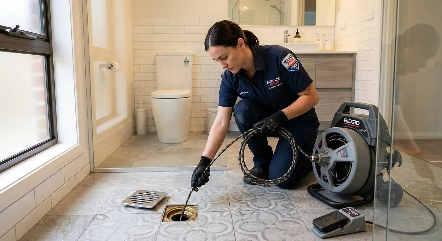 Technician clearing a bathroom floor drain for Hydro Jetting in Burkburnett